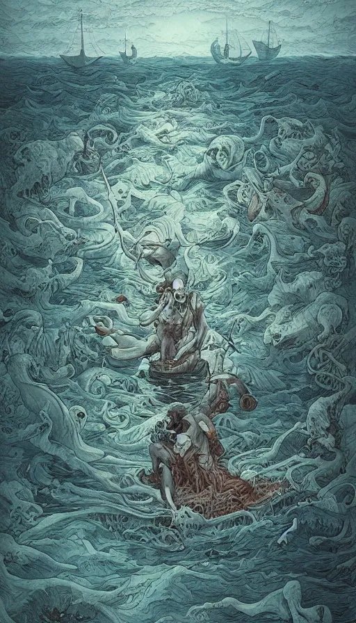 Image similar to man on boat crossing a body of water in hell with creatures in the water, sea of souls, by james jean