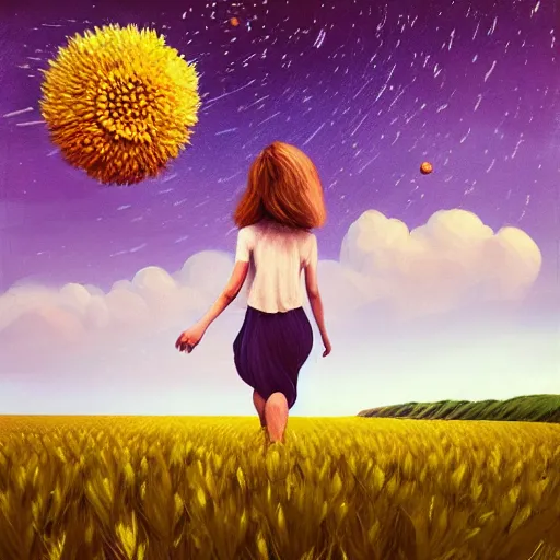 Image similar to giant daisy flower as a head, girl walking in wheat field, hills, surreal photography, moon light, dark night, star trails, dramatic light, impressionist painting, clouds, digital painting, artstation, simon stalenhag