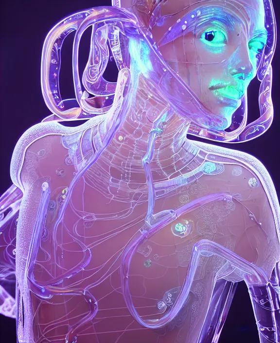 Image similar to intricate opulent transparent clear see - through portrait of microbes, biology, fractal, neon lights, clean medical environment, ultra realistic, concept art, art deco, photorealistic, octane render, 8 k, unreal engine. art by nori inoguchi and sam kaplan and zachary goulko and christopher marley and artgerm