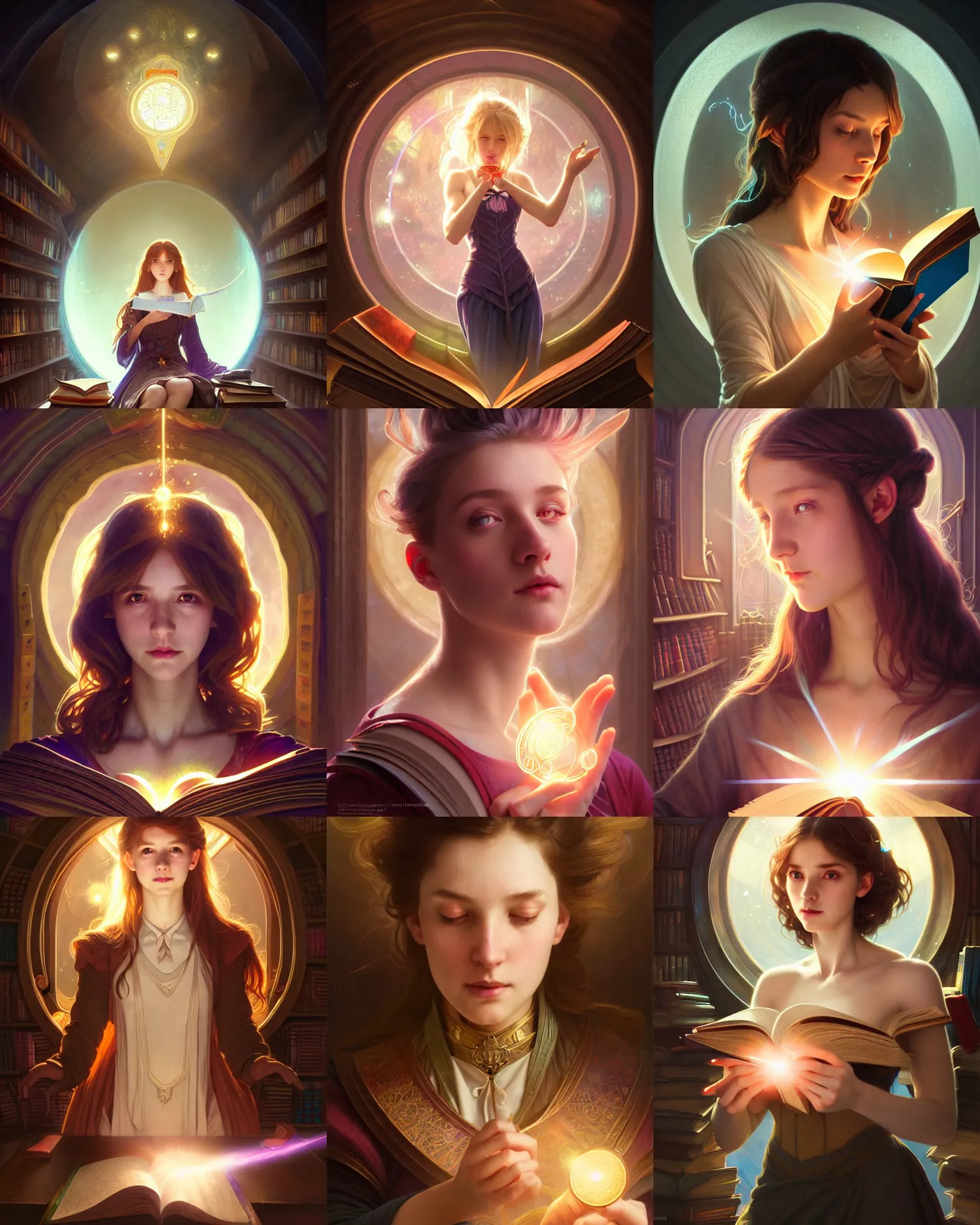 Prompt: fantasy portrait of a university female, casting magic spell, particles, magic school, light hair, short hair style, book library studying, intricate, sharp focus, heavy lens flare, bloom, rim light, illustration, highly detailed, digital painting, concept art, matte, art by wlop and artgerm and greg rutkowski and alphonse mucha, masterpiece