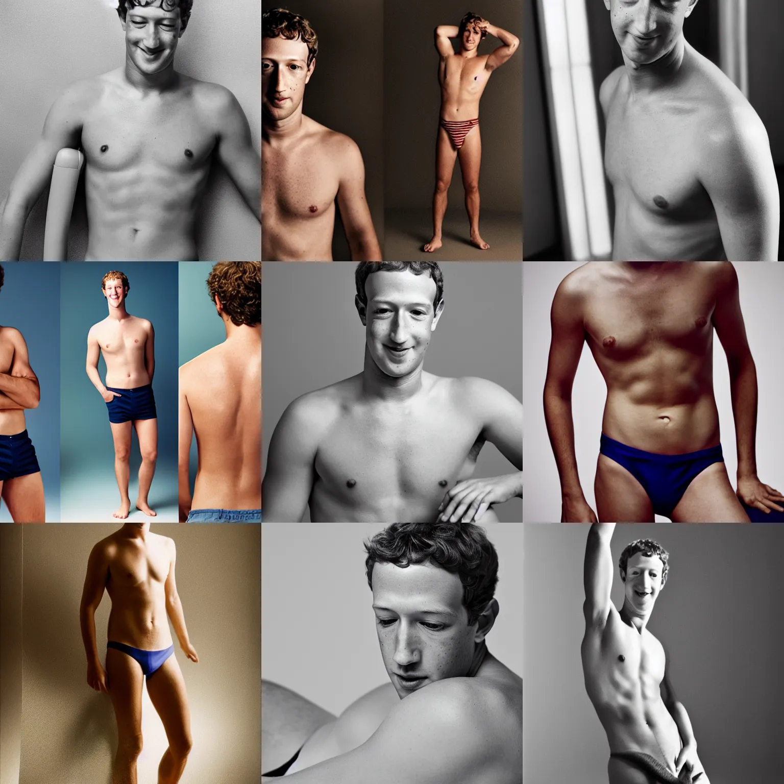 Prompt: Photo of Mark Zuckerberg in swimsuit, soft studio lighting, photo taken by Anne Liebovitz for Abercrombie and Fitch, award-winning photograph, Sigma art lens