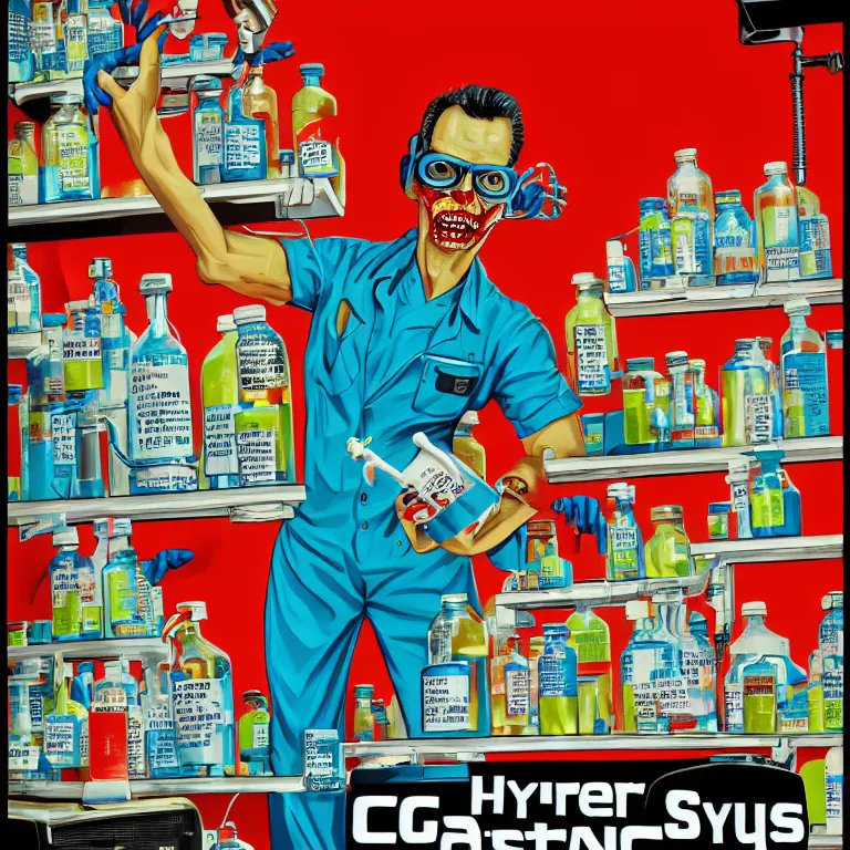 Prompt: hyperdetailed cyber fun 70's poster painting in a color style of 70's black poster art of an a crazy pharmacist zombie in a chemical laboratory with chemical beakers, holding a giant jar of pills, large syringe in background, syringe, drugs, chemical substances, epic scale ultrawide angle, 3D rendered, Vray rendered, octane render, unreal engine
