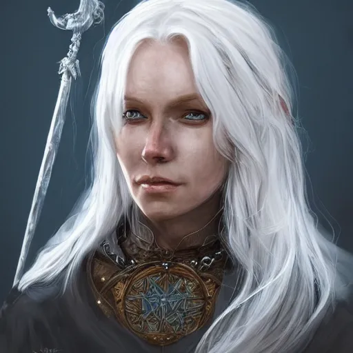 Image similar to Magnificent portrait of a Nordic God mother with white hair, fantasy, medieval, highly detailed, Artstation