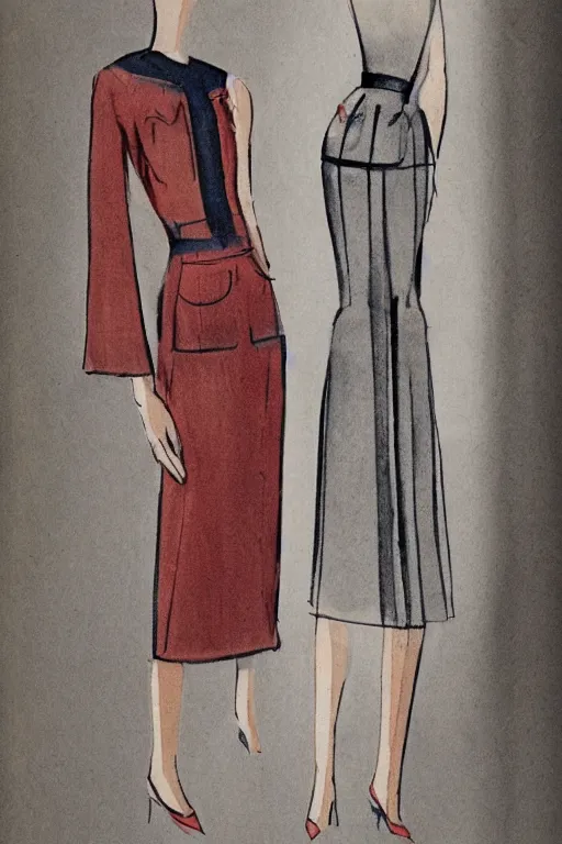 Prompt: a croquis model illustration of midcentury clothes