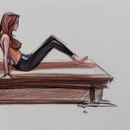 Image similar to courtroom sketch of amber heard squatting on top of a bed, a brown object is underneath her