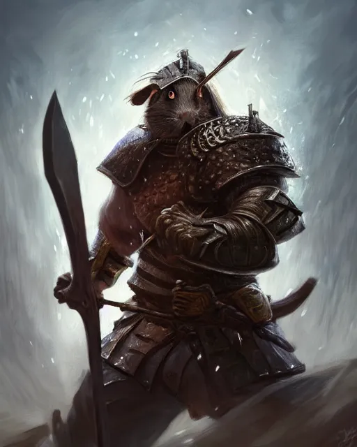 Prompt: Huge guinea pig warrior in armor holding a two-handed battle axe, portrait, woodlands, magic the gathering artwork, D&D, fantasy, cinematic lighting, centered, symmetrical, highly detailed, digital painting, artstation, concept art, smooth, sharp focus, illustration, volumetric lighting, epic Composition, 8k, art by Akihiko Yoshida and Greg Rutkowski and Craig Mullins, oil painting, cgsociety
