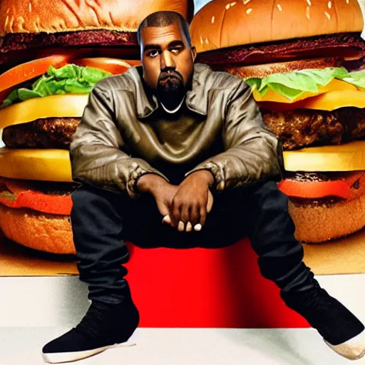 Image similar to kanye west sitting on a giant cheeseburger