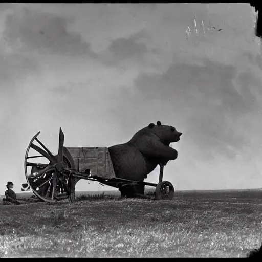 Prompt: a picture of a enormous bear pulling a towed canon on wheel behind him, eastern front, ww 2, historical picture