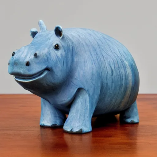 Image similar to a small simple hippo statue carved natural wood, dipped in polished blue ceramic, half and half, mixed media, side view