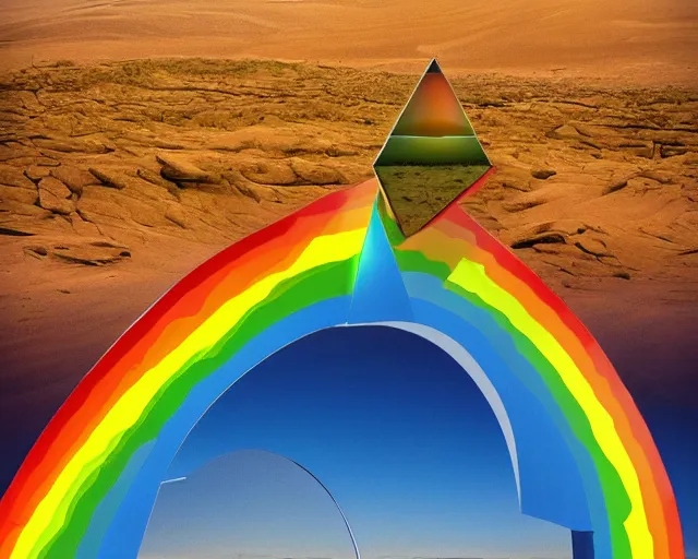 Image similar to isometric 3 d surrealist rainbow in a surreal desert, frequencies divided as sacred geometry 3 d shapes, very surreal, strange pagan atmosphere, by salvadore dali