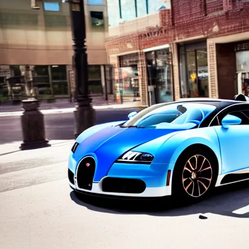 Image similar to photograph of a bugatti veyron on the streets of downtown kansas city missouri, daytime, realistic, 8 k