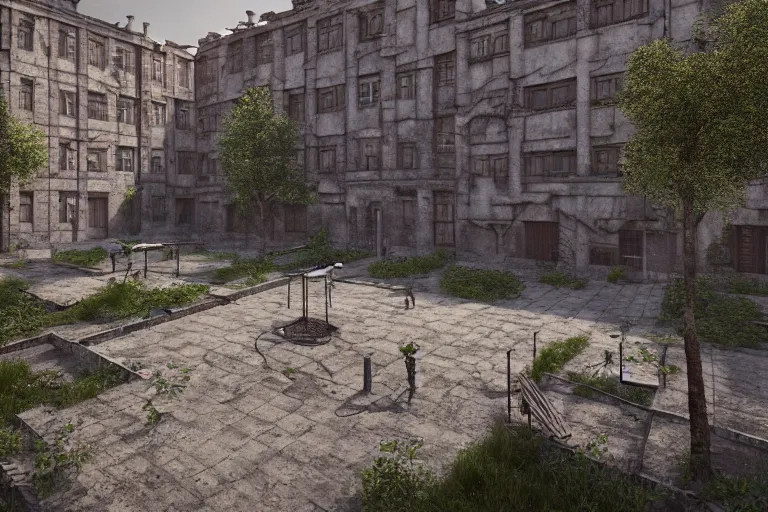 Image similar to an old courtyard with mud and an old playground between two soviet five-storey panel houses, Brutalism, high details, cinematic, 8k resolution, beautiful detailed, insanely intricate details, artstation trending, octane render, unreal engine