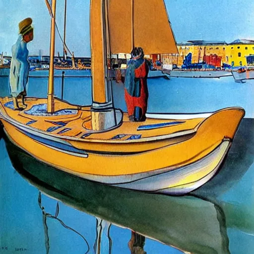 Prompt: point of view of a boat in copenhagen in 2 0 1 6 on a bright and sunny day. hygge. painting by salvador dali