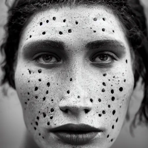 Prompt: minimalist photography portrait of an elaborately adorned neanderthal woman, face mud, symmetrical, super close up, mid thirties, freckles, cute round slanted eyes, sunburnt skin, wide nostrils, high cheekbones, high flat eyebrows, ethereal essence, angelic, leica 1 0 0 mm f 0. 8