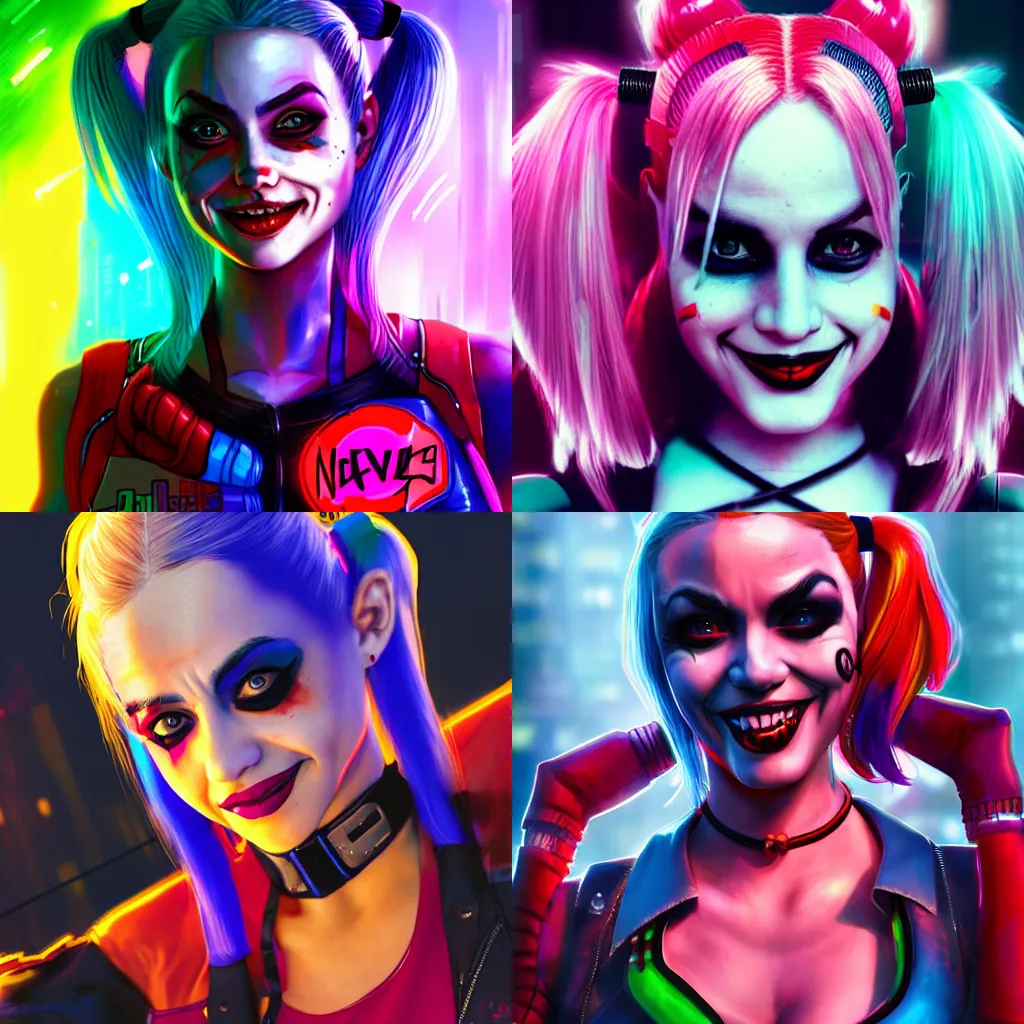 Prompt: Harley Quinn in cyberpunk clothes, smiling softly, closeup shot, city background, vibrant colors, 4k, artstation, artstationHD, trending, neon signs, digital art