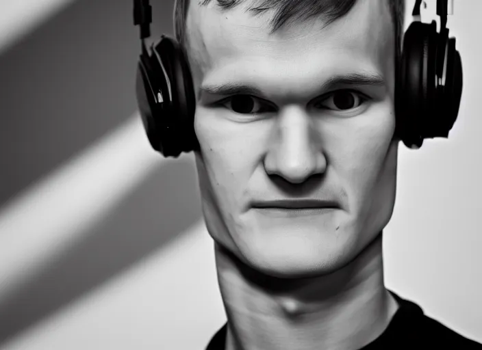 Image similar to headshot of vitalik buterin in headphones. vitalik buterin, perfect symmetric face, coherent eyes, fine details., 4 k, ron cobb, hans zatska