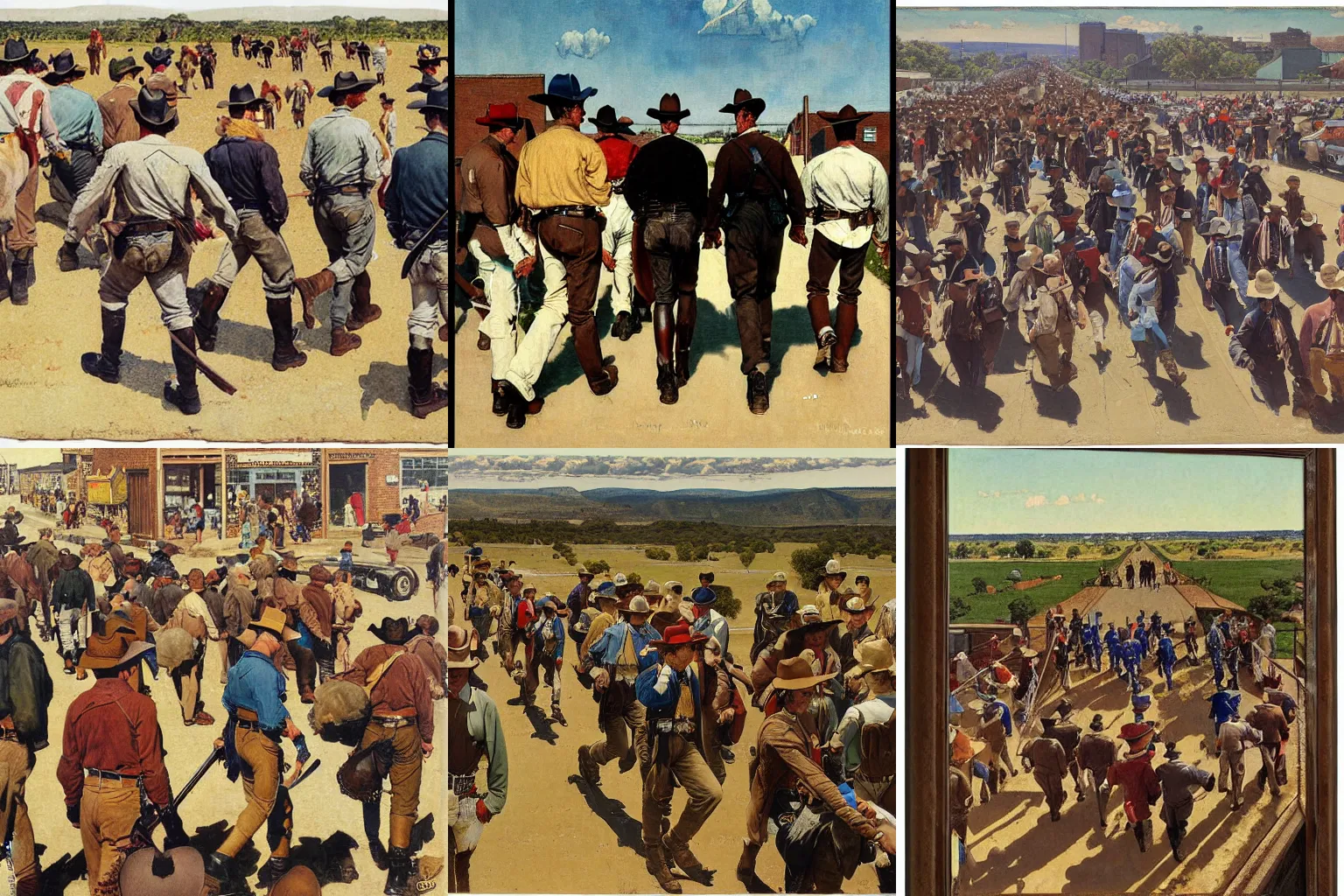 Prompt: painting of large group of texas rangers, wearing chaps with bare buttocks, in triangular formation, walking away from viewer down street of western town, view from slightly above, by norman rockwell