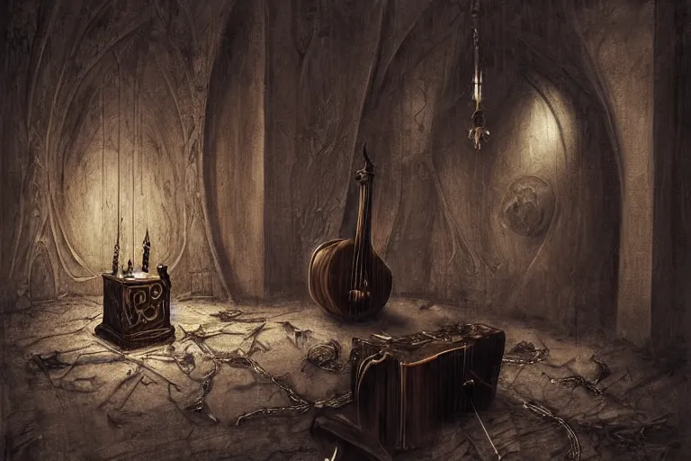 Image similar to still life of a cursed carved wooden baroque demonic oud with ebony inlay and strings of pain, designed by brian froud and hr giger leans against the wall alone, abandoned. an empty brutalist chamber, lonely, somber, a thin wisp of smoke rises from the lute. late afternoon lighting cinematic fantasy painting by jessica rossier