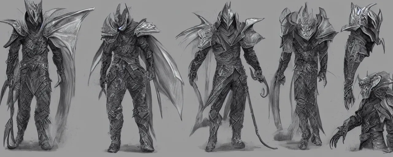 Prompt: A character sheet of a dragon hunter in full grey scales armor and hood that hides his face with masks hanging from his belt, concept art, anime, Highly Detailed.
