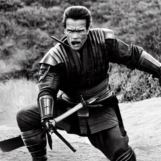Image similar to an film still of arnold schwarzenegger as samurai, cinematic, dramatic action