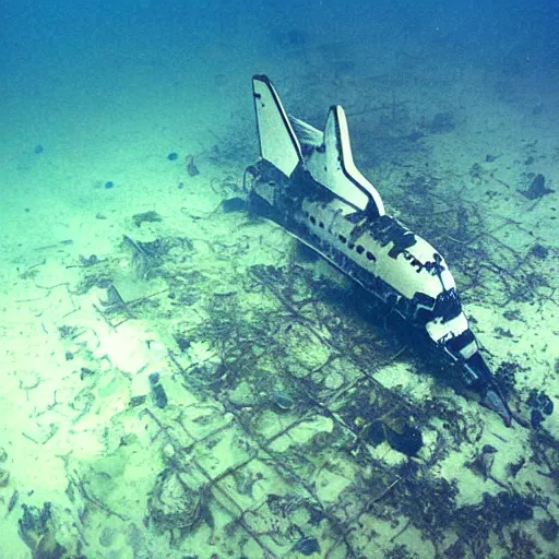 Prompt: the wreck of a Space Shuttle on the bottom of the sea, under water photography, spooky