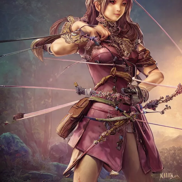 Image similar to the portrait of lawful neutral semi - colorful female archer socialite as absurdly beautiful, gorgeous, elegant, young gravure idol, an ultrafine hyperdetailed illustration by kim jung gi, irakli nadar, intricate linework, bright colors, octopath traveler, final fantasy, unreal engine 5 highly rendered, global illumination, radiant light, detailed and intricate environment