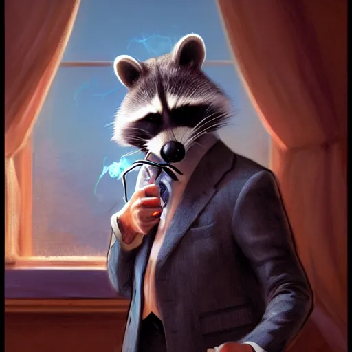 Image similar to a racoon wearing a suit smoking a cigar, dramatic lighting, cinematic, establishing shot, extremly high detail, photorealistic, cinematic lighting, artstation, style by James Gurney