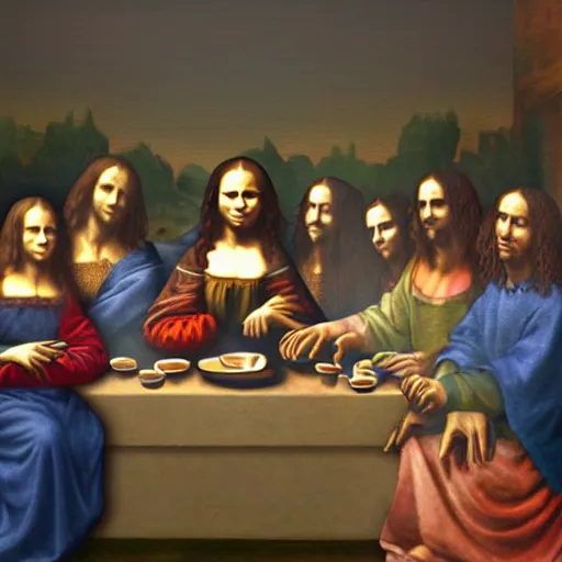 Prompt: mona lisa, smoking weed, the last supper, oil painting, highly detailed