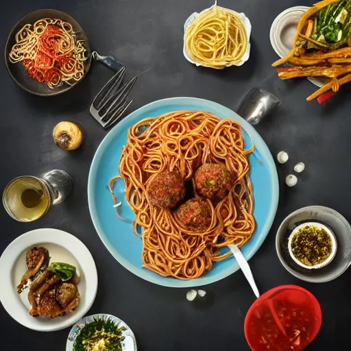 Image similar to octopus with spaghetti as its tentacles, and a meatball as its body