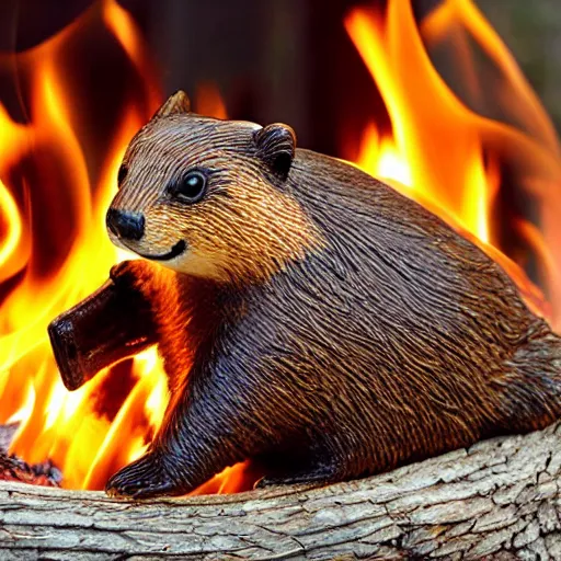 Prompt: beaver being roasted over a fire, photograph