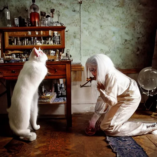 Image similar to full body protrait beautifull witch with white hair in old room. A cristal ball on a wood table with a potions and old instruments. A cat on the floor licking his paw. photorealistic, profesional photo, by Steve McCurry