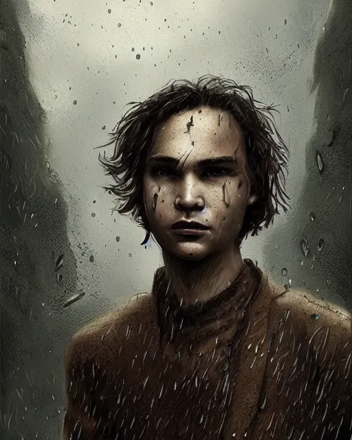 Prompt: Frank Dillane as Puck, intricate, digital painting, old english, raining, sepia, particles floating, whimsical background by marc simonetti, artwork by liam wong