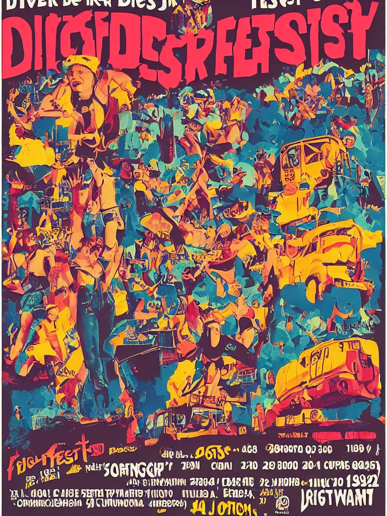 Image similar to poster for the diggerfest festival, digger land amusement park, concert, couple dancing, really good vibes, creative, 1 9 9 0 s, aesthetic