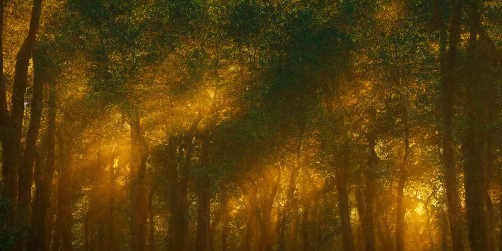 Image similar to An aesthetically pleasing fine art, dynamic, energetic, lively, well-designed digital art of trees inside a forest during sunset, light and shadow, caustics, by Claude Monet, superior quality, masterpiece, excellent use of negative space. 8K, superior detail.