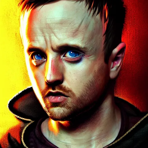 Image similar to Jesse Pinkman, perfect eyes, full body shot, zombie killer, butcher, portrait, fantasy, beautiful face, medieval, vivid colors, elegant, concept art, sharp focus, digital art, Hyper-realistic, 4K, Unreal Engine, Highly Detailed, HD, Dramatic Lighting by Brom, trending on Artstation