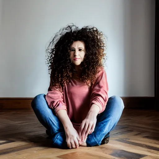 Image similar to a woman with long curly hair sitting in a room