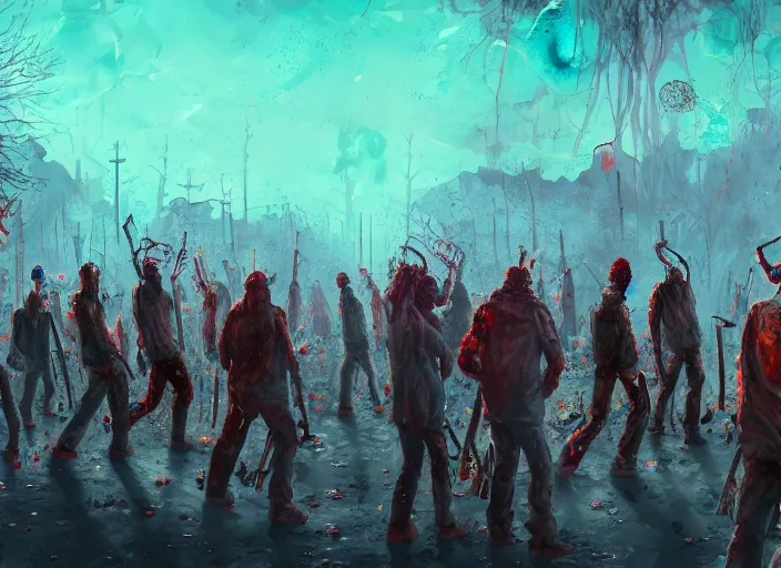 Prompt: a group of psychopathic bandits are at an impass, a crowd of apocalyptic survivors stand ready with their guns, the surrounding environment is psychedelic and bubbling like inky water, the sky is filled with the faces of the damned, digital painting masterpiece, trending on artstation and pixiv, bright and colorful happy art