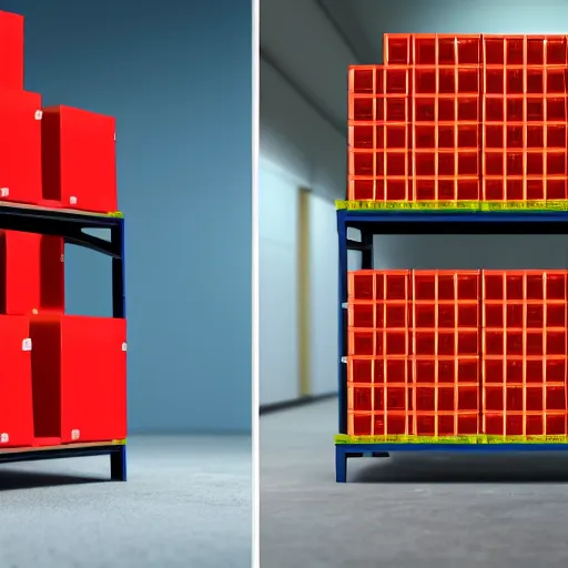 Image similar to two frames of equal size, the first a warehouse full of boxes, the second is the same picture but the boxes are red