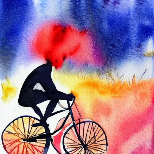 Prompt: person riding a bicycle, very beautiful watercolor painting, red dark - blue and orange color palette