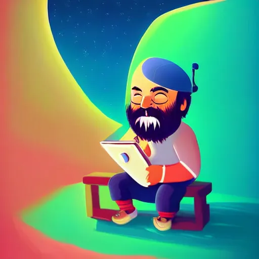 Image similar to curled perspective digital art of a cute smiling beard grandpa cartoon character taking a photo to a baby!!!! girl!!!!!!!! by anton fadeev