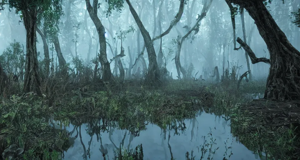 Prompt: A dense and dark enchanted forest with a swamp, with Unreal Engine