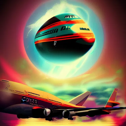 Image similar to boeing 7 4 7, epic retrowave art, trending on art station