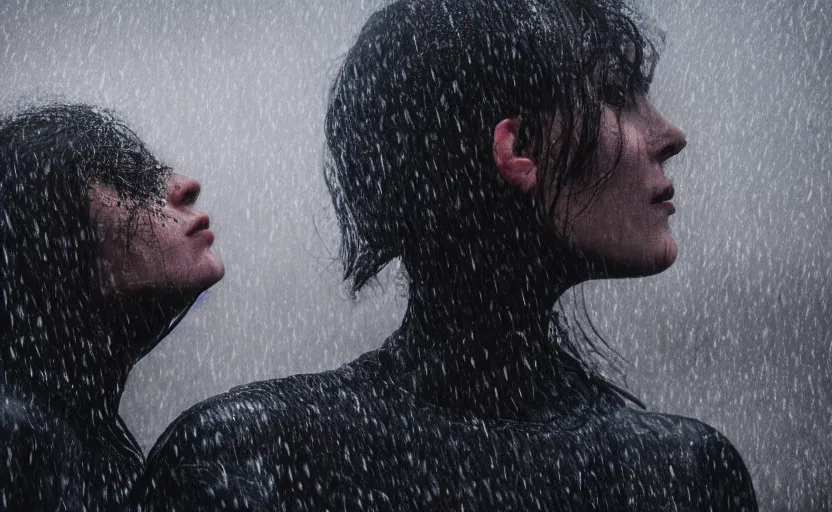 Image similar to cinestill 5 0 d candid photographic portrait by christopher nolan of two loving female androids wearing rugged black mesh techwear in treacherous waters, extreme closeup, modern cyberpunk moody emotional cinematic, pouring rain, 8 k, hd, high resolution, 3 5 mm, f / 3 2, ultra realistic faces, ex machina