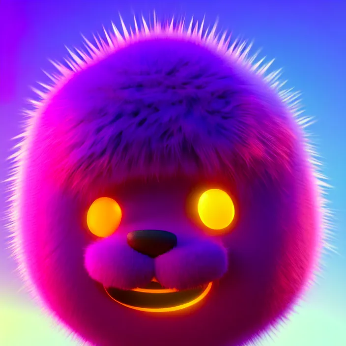 Image similar to high quality 3 d render hyperrealistic very cute big spherical creature smile emoji, whiskers, plush mascot, short spiky colorful dense fluffy smooth fur 1 cm long, psychedelic lighting, 1 5 0 mm, smooth background, artstation, elegant, ultra detailed, octane render