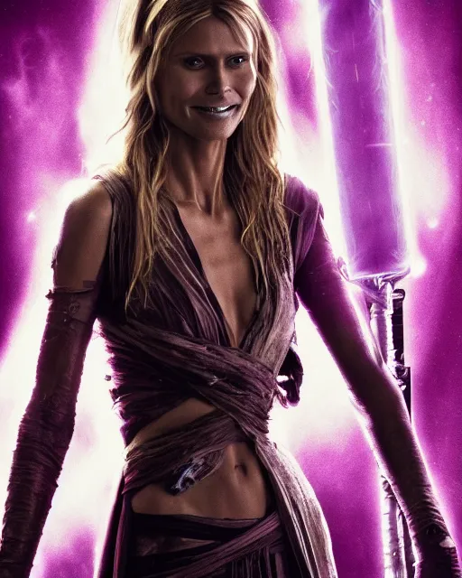 Prompt: heidi klum as a jedi with ripped and damaged clothes holding a purple lightsaber in her hands, very dark background, official star wars episode xii movie poster, perfect symmetrical face, moody lighting, 8 k, shallow depth of field, intricate detail,