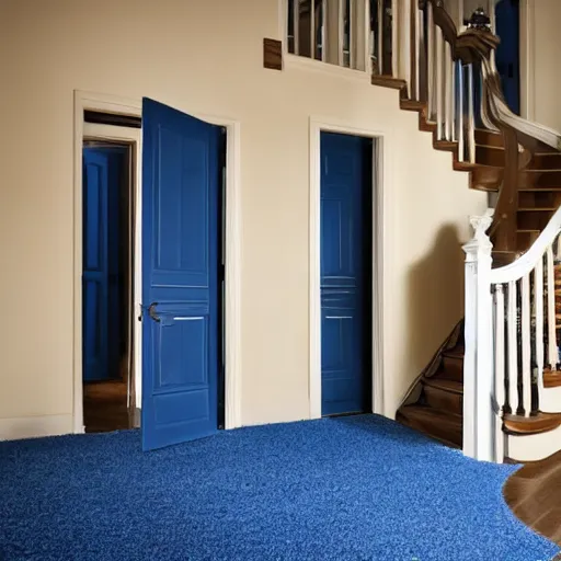 Image similar to dark nostalgic empty house with stairs in the middle and doors on either side, one door is closed and the door on the right is open to a blue bathroom, tan carpet