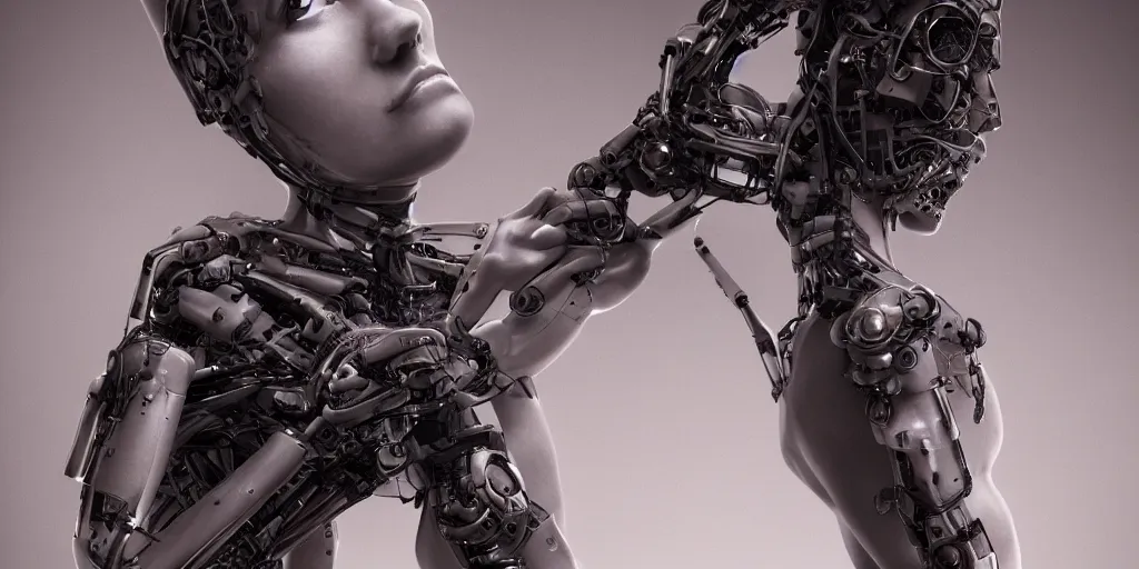 Image similar to photorealistic gorgeous symmetrical female cyborg, holding intimately, holding hands, highly detailed, arms, back, intricate, in the style of westworld, beth cavener, jin kagetsu, wlop, masterpiece, concept art, high key lighting, ambient lighting, octane render, 8 k, artstation