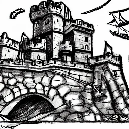 Image similar to castle half submerged in the sea, pencil sketch, comic art, digital art, black and white