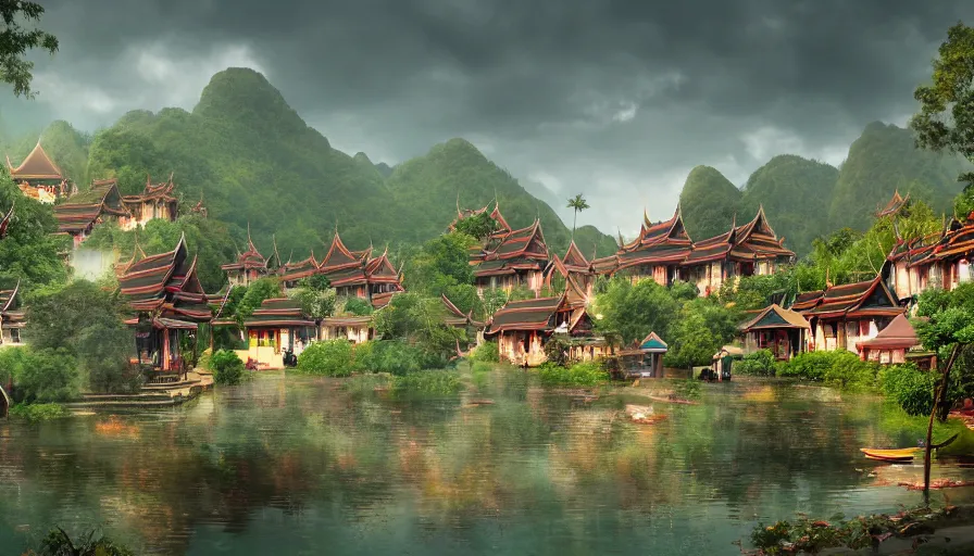 Prompt: matte painting of a beautiful thai village, digital art, trending on artstation