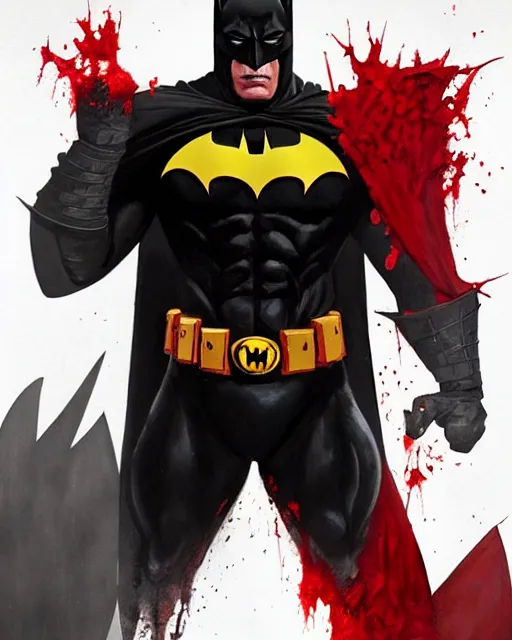 Image similar to character portrait of a muscular old batman with the batlogo in his chest made of blood, piercing bright red eyes, and pale skin, by greg rutkowski, mark brookes, jim burns, tom bagshaw, trending on artstation